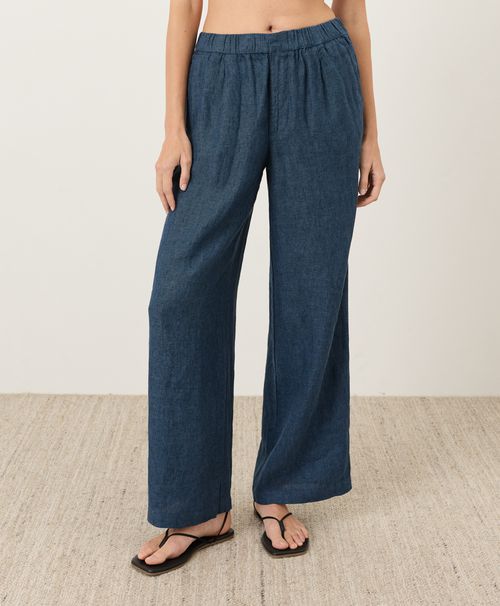 Women's Navy Yarn Dye Linen Easy Trouser Pant