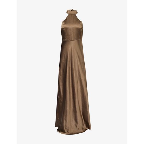Womens Dark Olive Halterneck Slim-fit Satin Maxi Dress