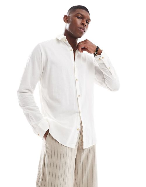 Long sleeve linen blend shirt in white
