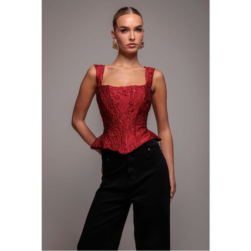 Sleeveless Jacquard Lace Up Back Corset - Red by Goddiva