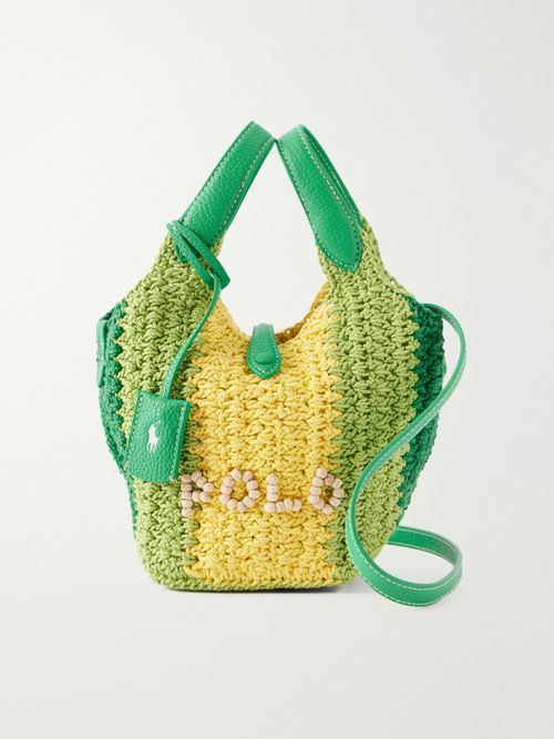 Polo Play Small Leather-trimmed Crocheted Bucket Bag - Green