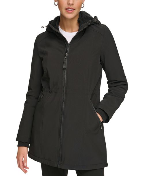 Women's Hooded Faux-Fur-Lined Anorak Raincoat - Black