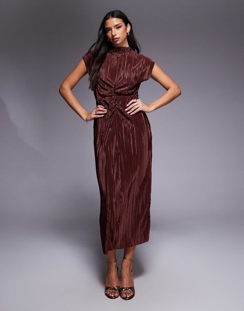 Plisse high neck ruched detail midi dress in chocolate-Brown