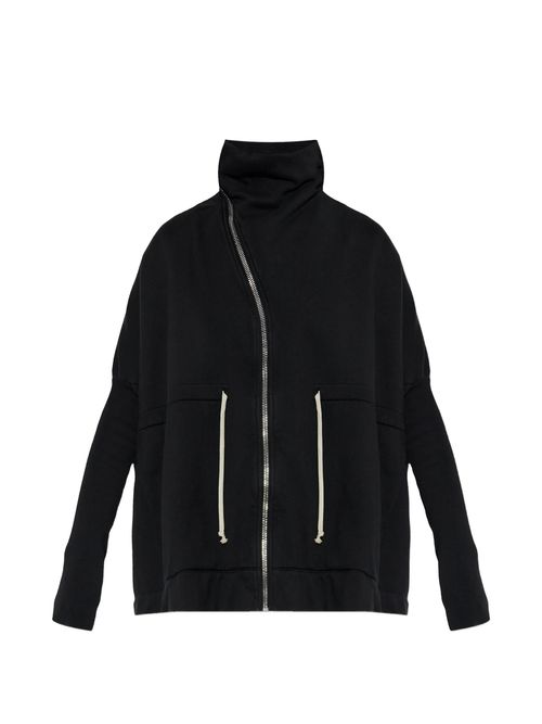 Funnel-Neck Cotton Zip-Up Hoodie with Drawstring Detail and Ribbed Hems (Size S)