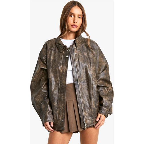 Boohoo Womens Vintage Look Faux Leather Bomber Jacket - Brown Pu - Size Large