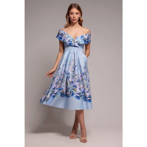 Goddiva Bardot Floral Print A-Line Scuba Foam Midi Dress - Blue