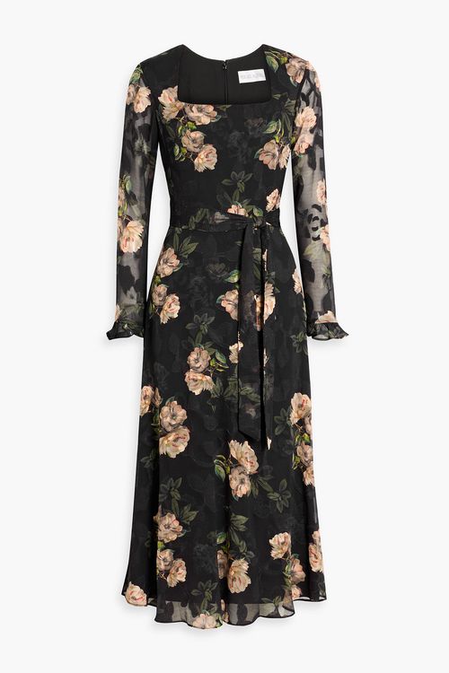 Floral-print fil coupé chiffon midi dress - Black - US 2