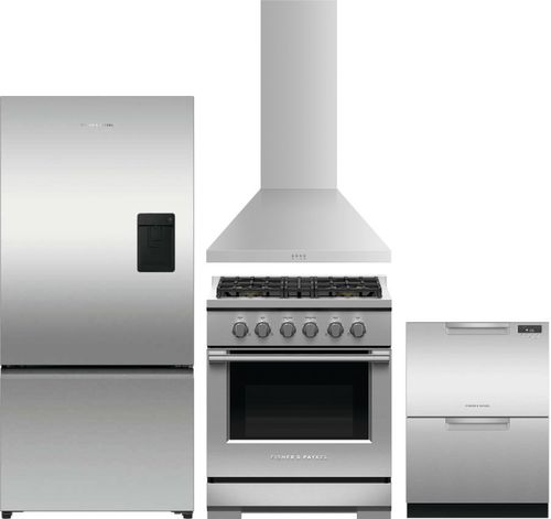 Fisher & Paykel 4 Piece Kitchen Appliances Package with Bottom Freezer Refrigerator, Gas Range and Dishwasher in Stainless Steel FPRERADWRH