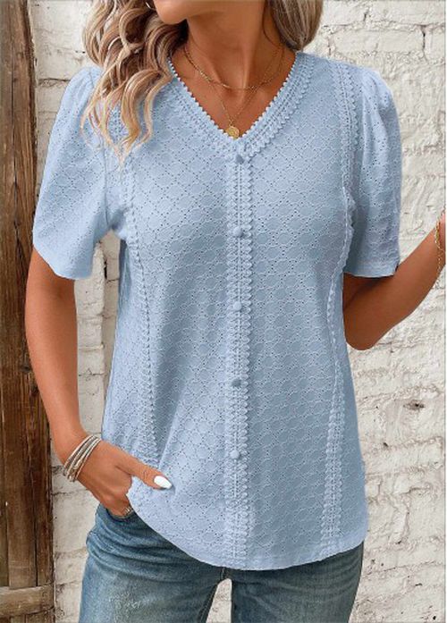 Modlily White Patchwork Short Sleeve V Neck Blouse