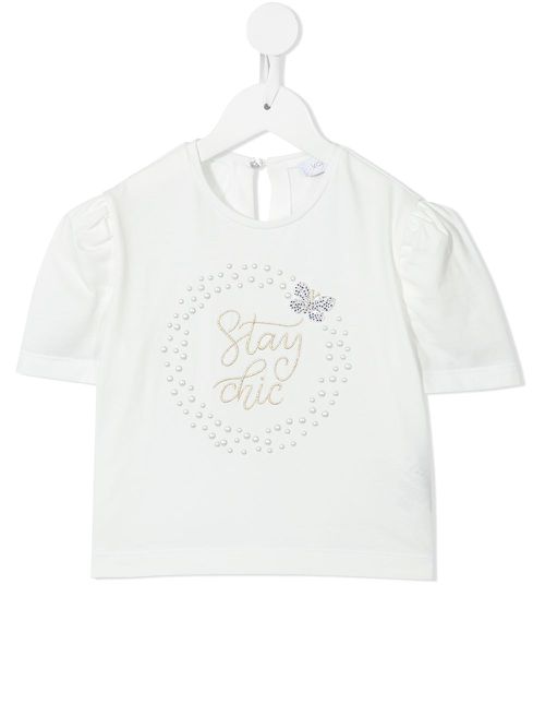 Slogan embroidered short-sleeve blouse - White
