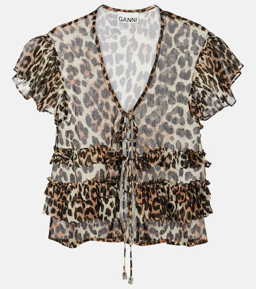Leopard-print ruffled chiffon blouse