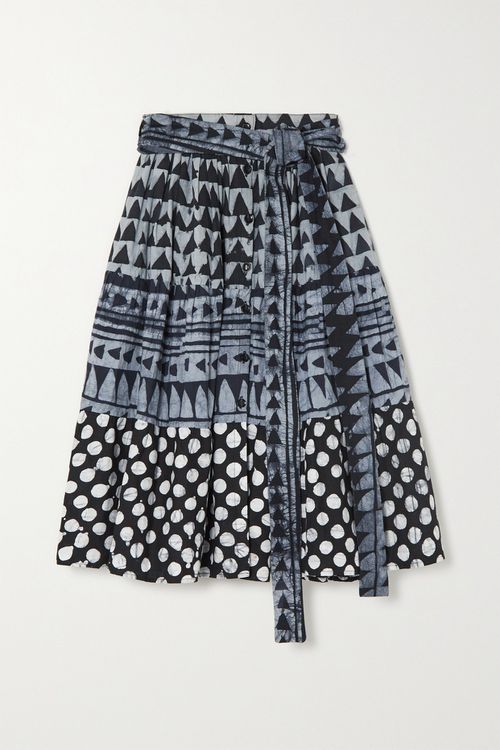 Belted Tiered Printed Cotton Midi Skirt