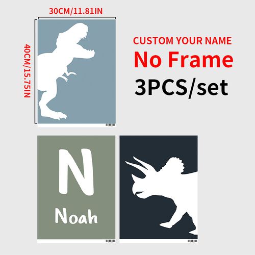 TEMU Personalized 3pcs Dinosaur Wall Art Set - Custom Name Canvas Prints For ' Room, Nursery & Dining Decor, Mixed Colors/white