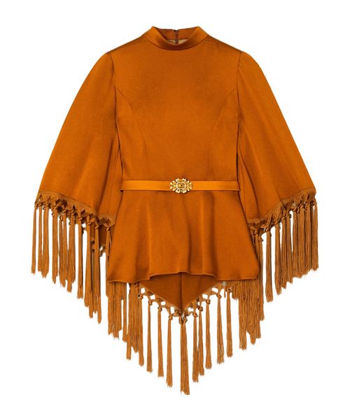 Cape-effect belted tasseled hammered-satin blouse