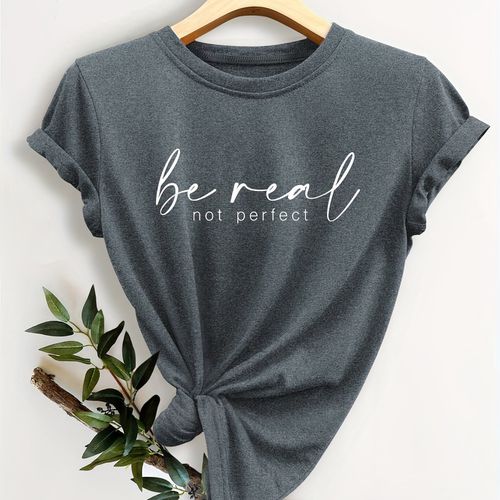 TEMU Women's Summer Casual Sports Top With A Round Neck And Short Sleeves, Featuring A Stylish Vintage Print In White English Letter