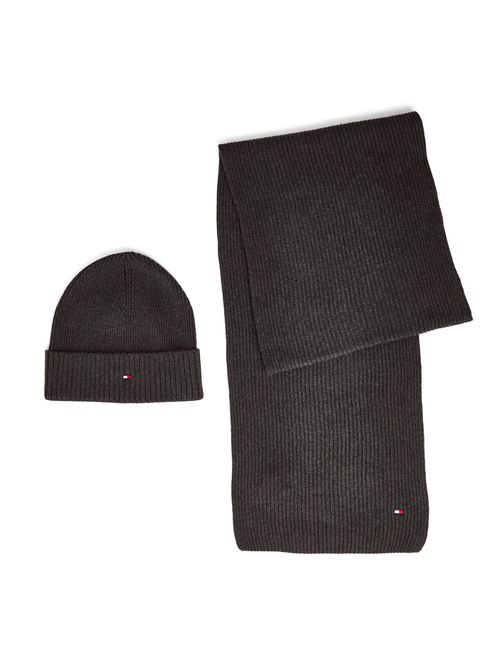 Logo Flag Beanie And Scarf Set in Charcoal Gray, Cotton