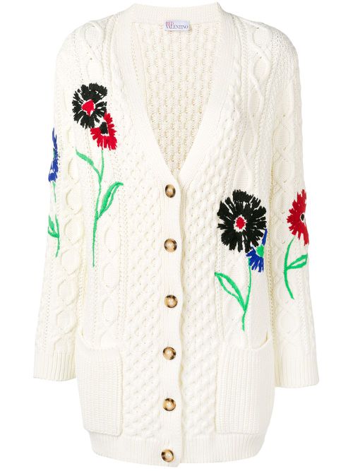 Floral-embroidered cable-knit cardigan - White