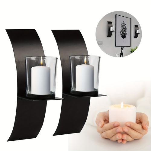 TEMU Black 2pcs Modern Art Candle Holder, Wall Iron Art Candle Holder With Glass Cup Wall Sconces Reusable, For Room Decoration Apartments Bedroo