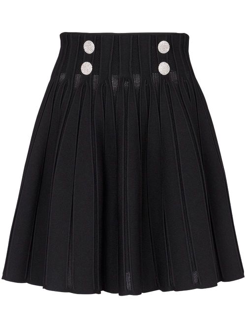Ribbed-knit pleated skater skirt - Black