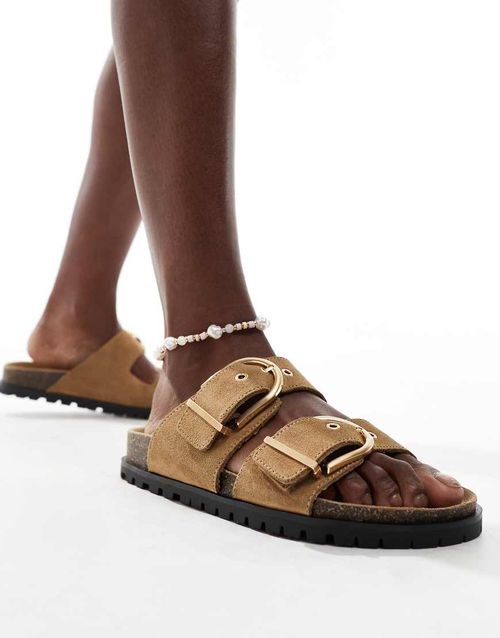 Stradivarius two strap buckle sandals in sand-Neutral