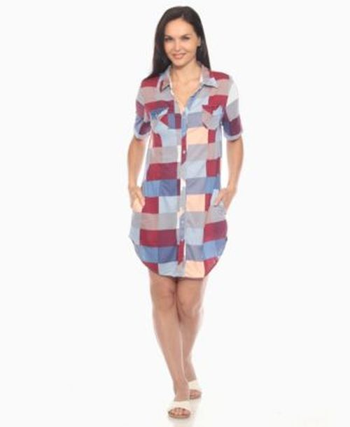 Womens Short Sleeve Plaid Button Down Shirt Dress