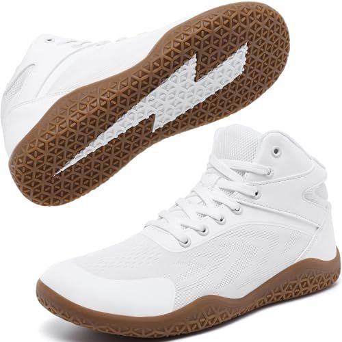 Wrestling Shoes for Men High Top Lace Up Mesh Upper Rubber Sole Training Shoes White