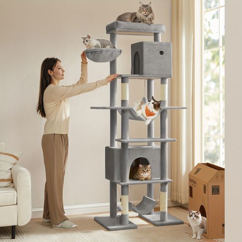 TEMU 201cm Tall Cat Tower With 4 Scratching Posts, 2 Hammocks & 2 Cat Caves - Multi-level Scratching Posts, Cozy Perch & Hanging Toy For Indoor Cat
