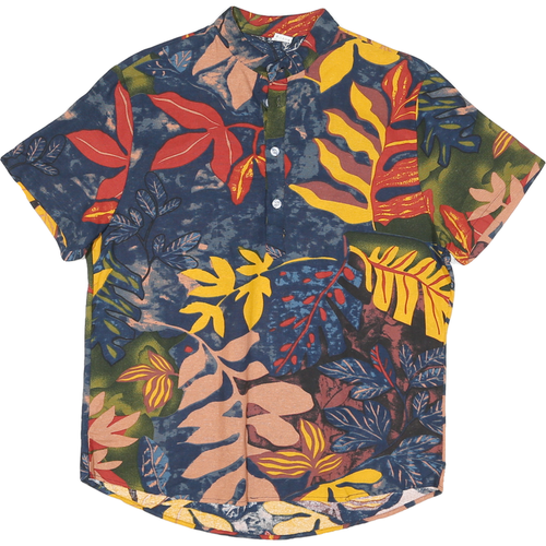 Mens Blue Navy & Yellow Floral Leaf Pattern Cotton Blend Shirt M Short Sleeve