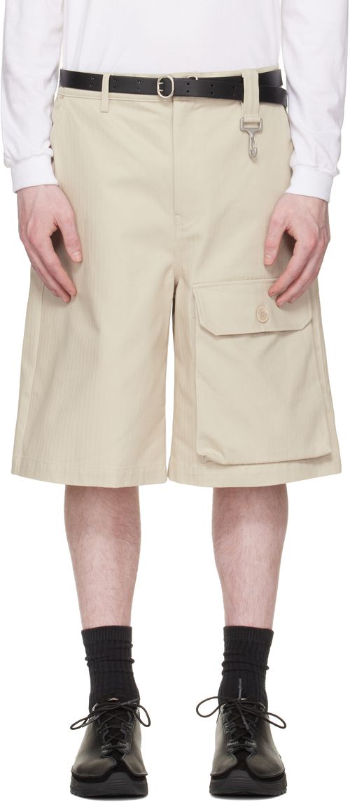 Beige Cotton Herringbone Patch Pocket Shorts