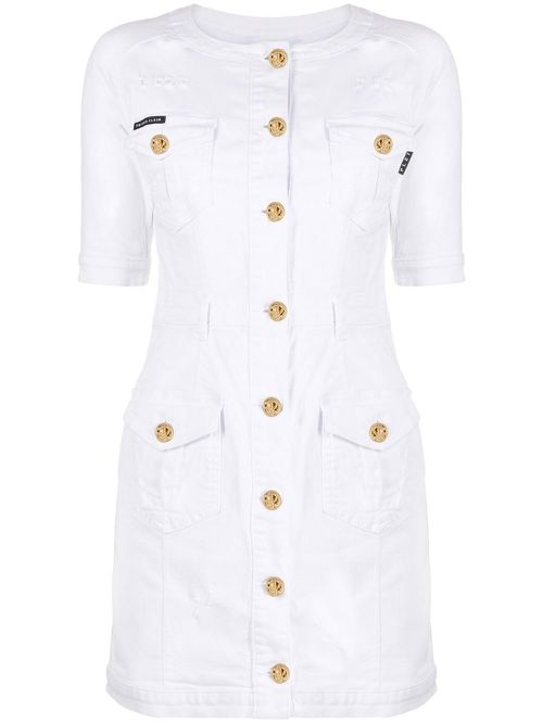 Embossed-button detail denim dress - White