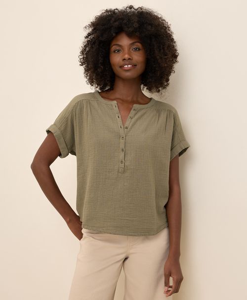 Women's Khaki Green Coastal Double Gauze Short Sleeve Popover