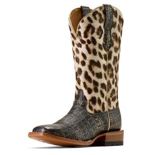 Women's Frontier Farrah Wide Square Toe Western Boots in Midnight Croc Print Gilded Leopard Hair On, B Medium Width, Size 7, by
