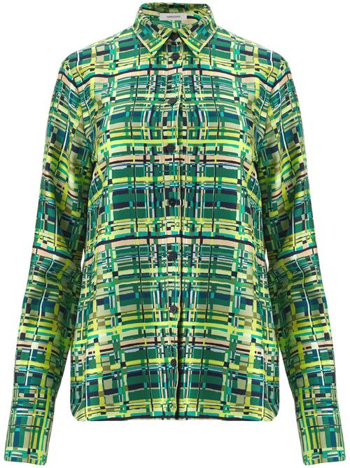 Long-sleeved checkered silk shirt - Green