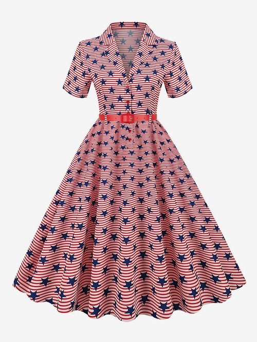 Retro Glamour Dress 1950s Audrey Hepburn Style V-Neck Sash Layered Short Sleeves Medium Flag Rockabilly Dre