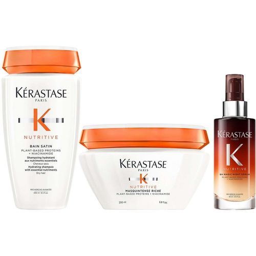 Kerastase Womens Kérastase Nutritive Trio – Bain Satin 250ml, Masquintense Riche 200ml & 8H Magic Night Serum for Very Dry Medium-Thick Hair - One