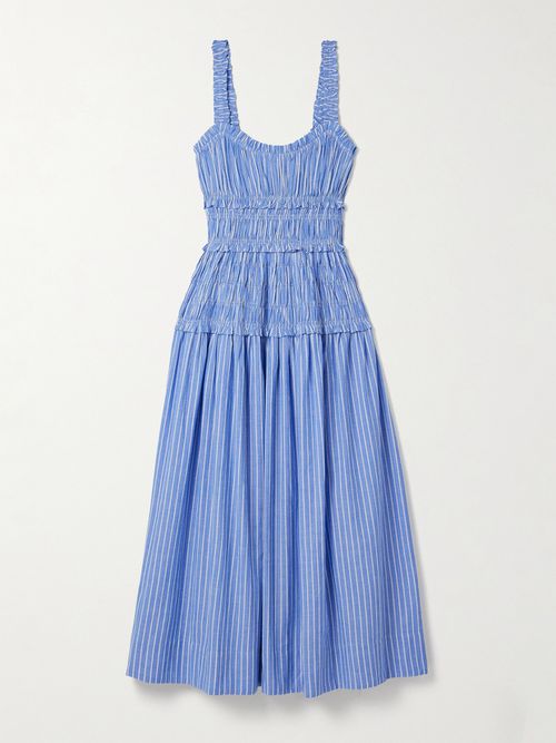Marianne Shirred Striped Cotton-poplin Midi Dress - Blue