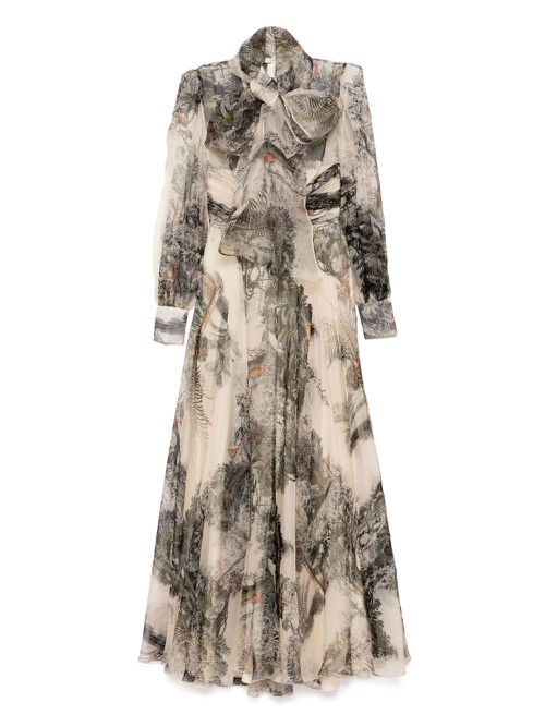 Landscape print organza long sleeves gown - Neutrals