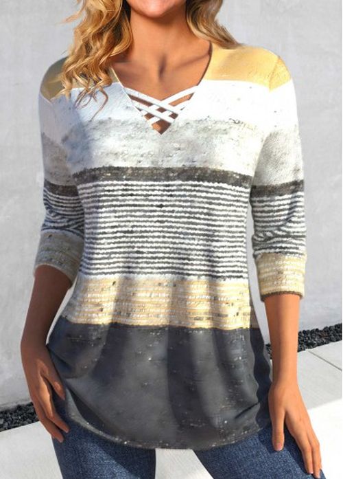 Modlily Grey Criss Cross Striped Long Sleeve T Shirt