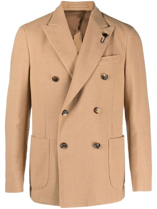 Brooch-detail double-breasted blazer - Neutrals