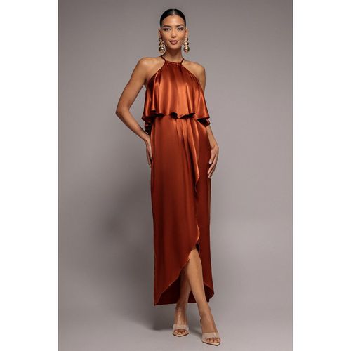 Goddiva Satin Viscose Front Wrap Midaxi Dress - Brown