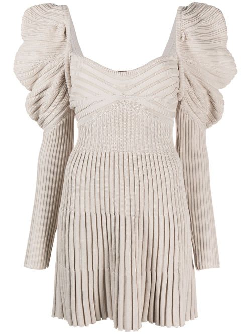 Mutton-sleeve ribbed minidress - Neutrals