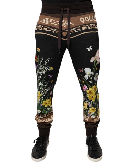 Floral Printed Cotton Joggers — Black