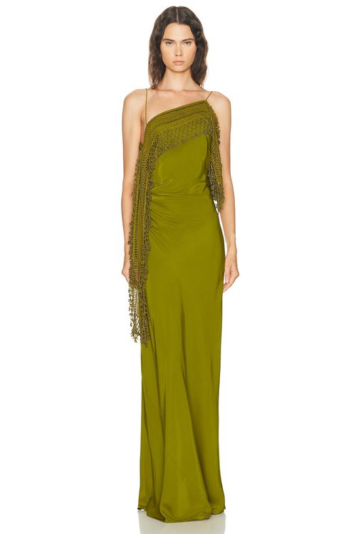 Christopher Esber Droplet Bead Crochet Trimmed Cami Dress in Green