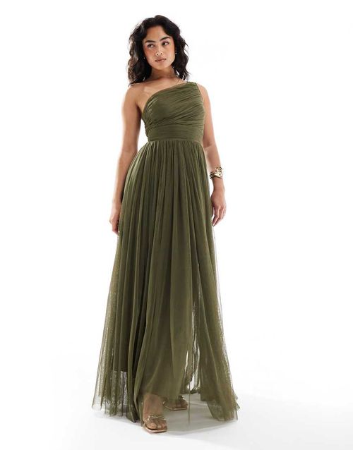 Lace & Beads Bridesmaid one shoulder maxi dress in deep olive-Green