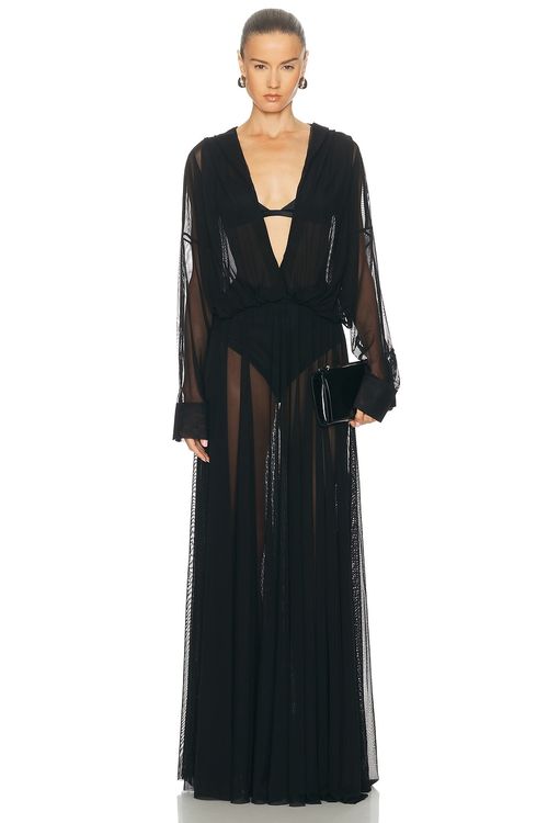Norma Kamali Hooded Super Oversized Boyfriend Shirt Flared Gown in Black - Black. XS also in L