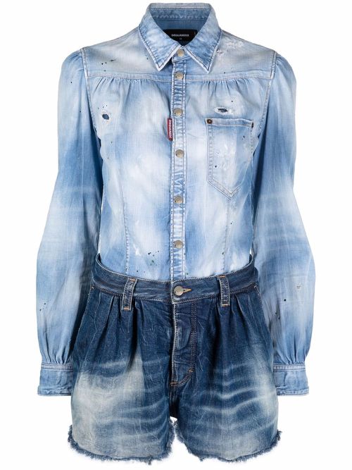 Two-tone distressed denim playsuit - Blue
