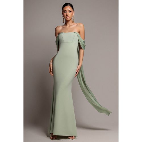 Goddiva Off Shoulder Soft Satin Wing Cape Maxi Dress - Sage Green