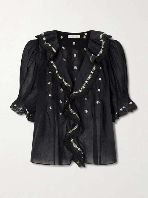 Hettie Lace-trimmed Embroidered Organic Cotton-voile Blouse - Black