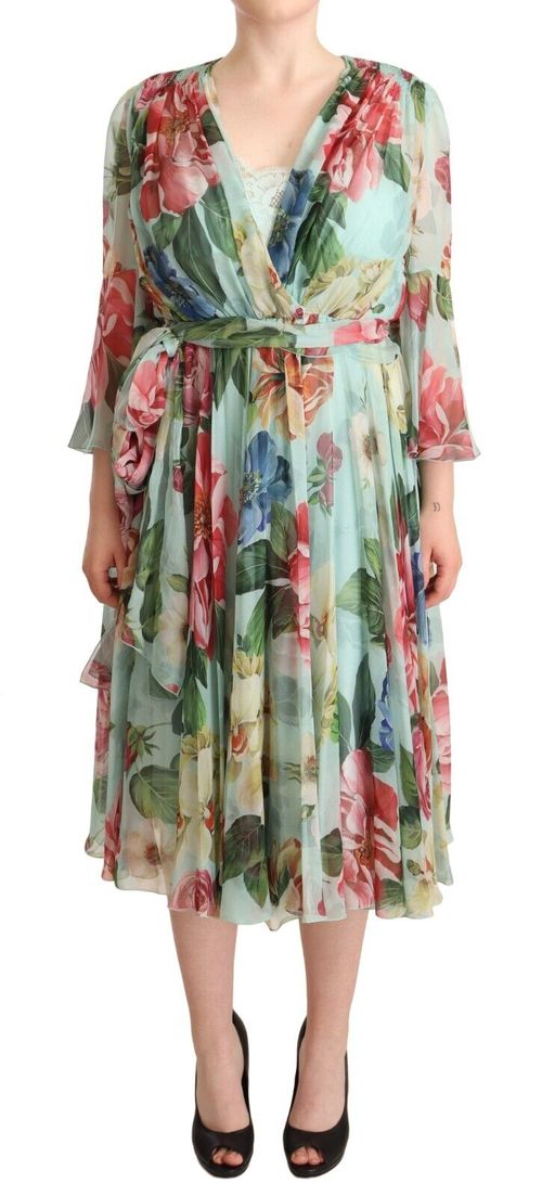 Floral Silk Wrap Midi Dress — Green