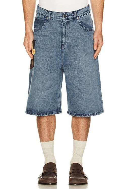 Charles Jeffrey LOVERBOY Wide Denim Shorts With Crochet Trumpet in Washed Denim - Blue. 30 also